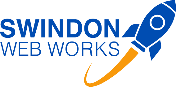The updated Swindon Web Works logo. The text reads 'Swindon' in bold, with 'Web Works' in regular font below, to the left of the is a blue rocketship, with a bright yellow tail.