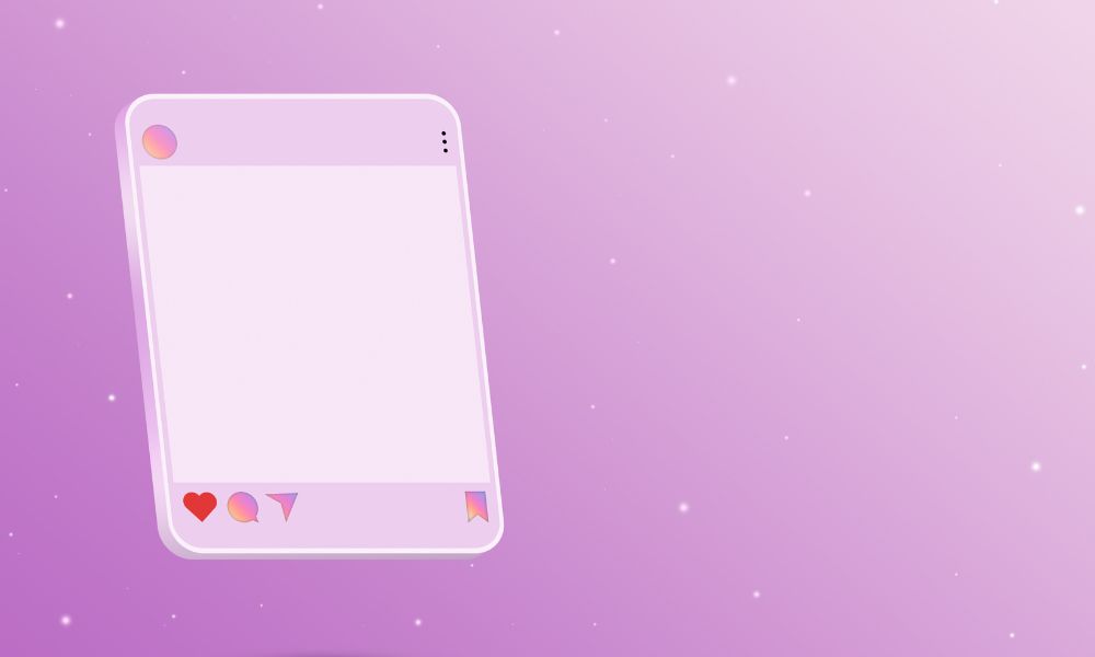 Against a glittery pink & purple gradient background, there is a graphic of an Instagram post square, it's in simple light pink tones, with a red heart accent signifying the 'like' icon. For blog: Instagram Marketing Step by Step