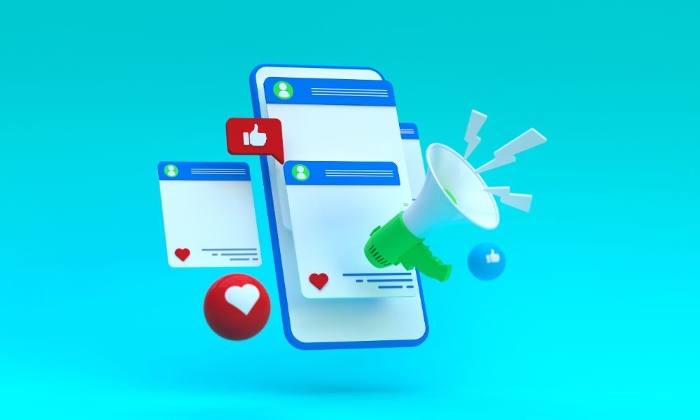 A vibrant blue background, with a phone illustration in the foreground, it is surround by icons relating to social media such as likes, hearts, a megaphone and an icon representing a post square - For blog: LinkedIn Marketing