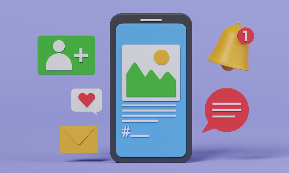A mid purple background, with a phone illustration in the foreground, it is surround by icons relating to social media such as envelopes, hearts, a bell and an icon representing a post square - For blog: LinkedIn CV Marketing