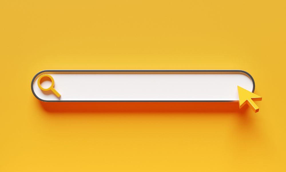 A white search bar on a bright golden-yellow background. For blog: How can I rank higher on Google